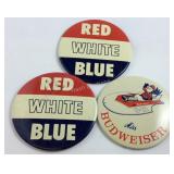 Miss Budweiser button and two red, white, and