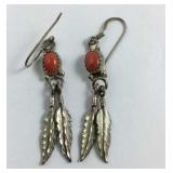 Sterling silver earrings coral feathers