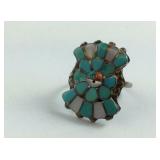 Sterling silver turquoise shell and coral ring