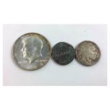 1968 Kennedy half dollar, buffalo nickel, and a
