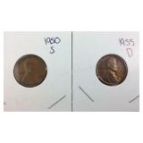 1950 S Wheat Penny and 1955 D Wheat Penny