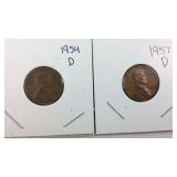 1954 D Wheat Penny and 1957 D Wheat Penny