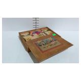 Vintage wood building blocks in wooden storage box