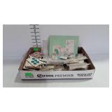 Sewing supplies, flat of button cards, thread,