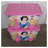 Two Princess Storage Totes wheeled with pink lids