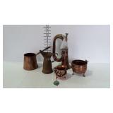 Copper decor - bugle, embossed pitcher, 2 tri-foot