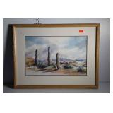 Framed watercolor, desert landscape, signed