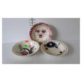 Painted 9" pottery bowls- 2 Blue Ridge, 1 unmarked