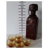 Leather wrapped decanter bottle, and set of six