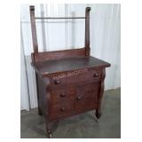 Oak Single Drawer Washstand with Towel Bar.