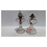 2 Clear glass oil lamps, no chimneys