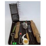 Vintage kitchen utensils- grater, butter peel, egg