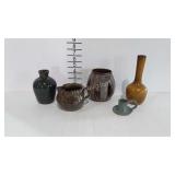 Pottery - creamer, candlestick holder, and vases -