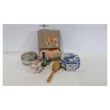 Dresser boxes, powder, Occupied Japan bud vase, &