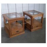 Pair of End Tables, modern oak with glass top
