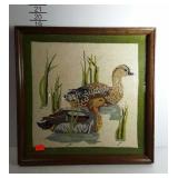 Duck themed needlework, framed and under glass,
