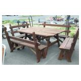 Wooden Patio table with four benches one bench is