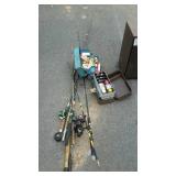 Fishing piles with tackle boxes