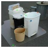 Office floor mat, bucket, and trash cans