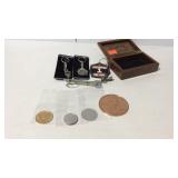 Dresser box with pewter keychains, firefighters