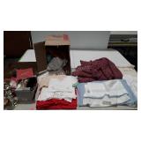 Linen and lamp lot, candlestick oil lamps,