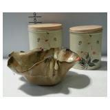 Handmade pottery bowl and two metal canisters