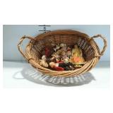 Basket of small dolls- bisque, string, cloth, hard