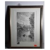 City River scene print, artist signed Dallemagne,