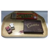 Toys - 2 TootsieToy trucks, Cribbage board, and