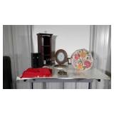Misc Lot, footstool, curio, table scarf, plate,