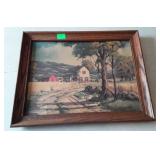 Farm scene print on board, framed, 18 x 14