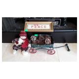 Fireplace Christmas Decor. Snowman wicker wagon