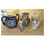Four pottery pieces. Vases, candle stick, owl