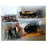 Kitchen wares. Tote with lots of small utensils,