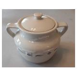 Longaberger pottery bean pot with lid, blue on