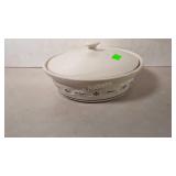 Longaberger pottery covered casserole, blue on