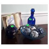 Blue Home Decor, blue glass decanter, ginger jar,
