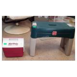 Step two plastic stool and small igloo cooler