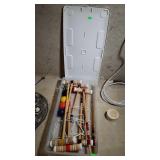 Croquet set, appears to be complete, in tote bin