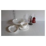 Milk glass and bells, ruby cut to clear bell,