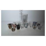 Shot glass collection with cocktail mixing glass