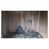 Group of long handled tools, includes leaf rake