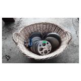 Movie film reels, cases and splicer, in wicker