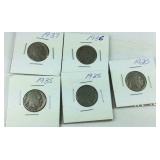 Five buffalo nickels 1920, 1925, 1935 through