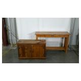 Sofa table with single drawer and a pine cabinet,