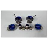 Cobalt blue glass and silverplate salt dips and