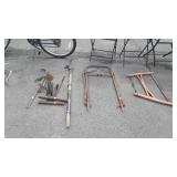 Nice collection of vintage tools, saw stanchion,