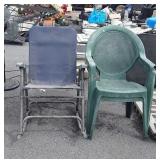 3 outdoor chairs, two green stacking with damage