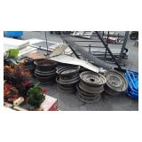 Scrap metal lot, lamps, stair railing, Wheels,