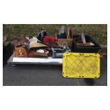 Tote with magazines, lampshade, drill bits,